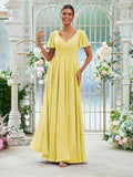 A-Line/Princess Chiffon Ruffles V-neck Short Sleeves Floor-Length Bridesmaid Dresses Evening Prom Dress