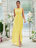 Sheath/Column Chiffon Ruched Scoop Sleeveless Floor-Length Bridesmaid Dresses Evening Dress