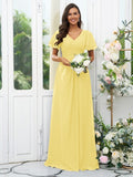 A-Line/Princess Chiffon Ruffles V-neck Short Sleeves Floor-Length Bridesmaid Dresses Evening Dress
