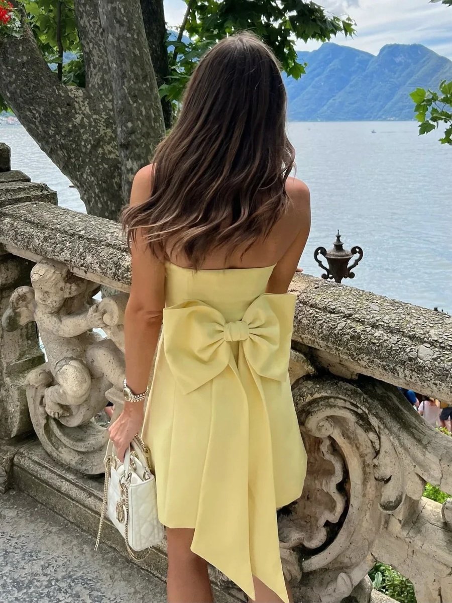 Yellow - Strapless Sheath Satin Short Cocktail Dresses With Bow