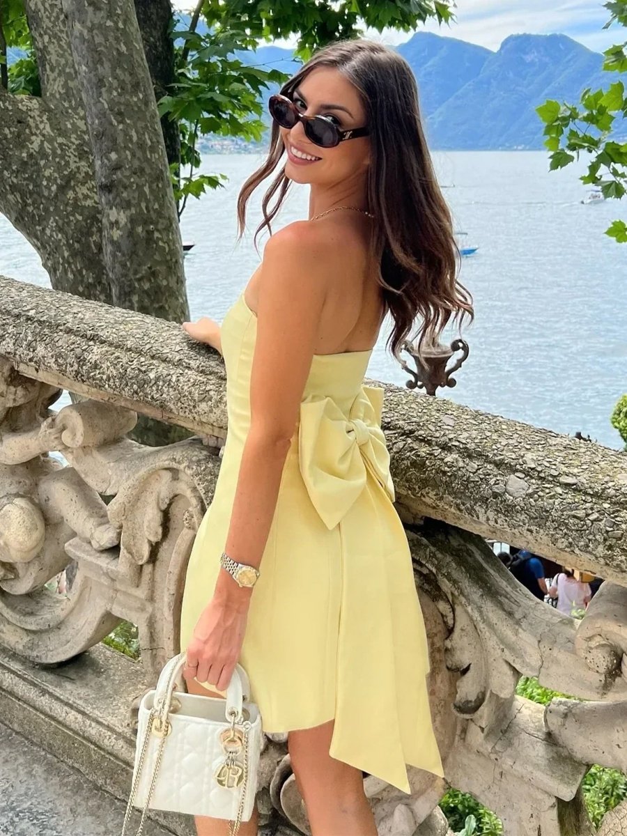 Yellow - Strapless Sheath Satin Short Cocktail Dresses With Bow