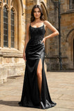 Green Sheer Appliques Satin Mermaid Long Prom Dress