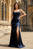 Green Sheer Appliques Satin Mermaid Long Prom Dress