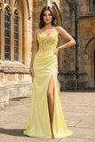 Green Sheer Appliques Satin Mermaid Long Prom Dress
