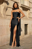 Fuchsia - Strapless Sheath Satin Pleated Formal Prom Dresses With Slit
