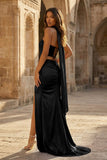 Fuchsia - Strapless Sheath Satin Pleated Formal Prom Dresses With Slit
