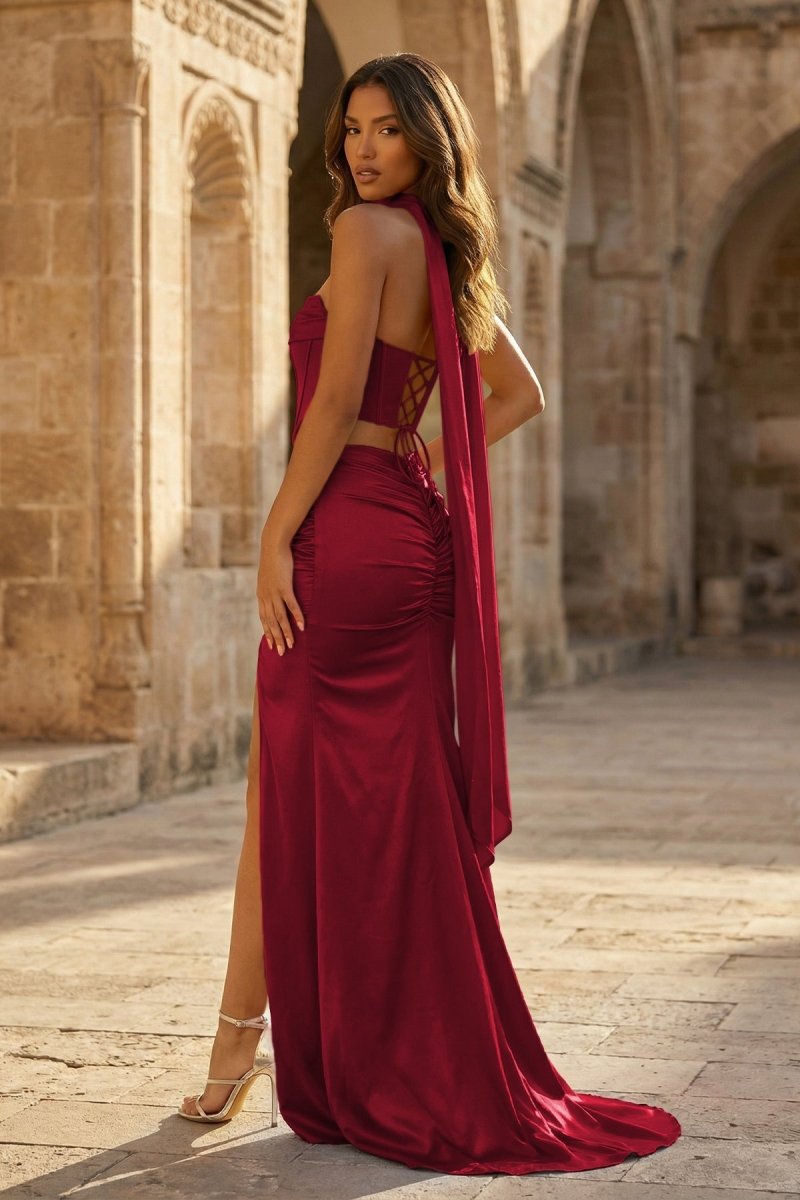 Fuchsia - Strapless Sheath Satin Pleated Formal Prom Dresses With Slit