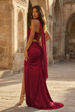 Fuchsia - Strapless Sheath Satin Pleated Formal Prom Dresses With Slit