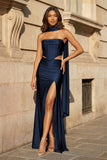 Fuchsia - Strapless Sheath Satin Pleated Formal Prom Dresses With Slit