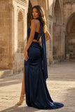 Fuchsia - Strapless Sheath Satin Pleated Formal Prom Dresses With Slit