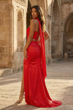 Fuchsia - Strapless Sheath Satin Pleated Formal Prom Dresses With Slit