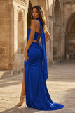 Fuchsia - Strapless Sheath Satin Pleated Formal Prom Dresses With Slit