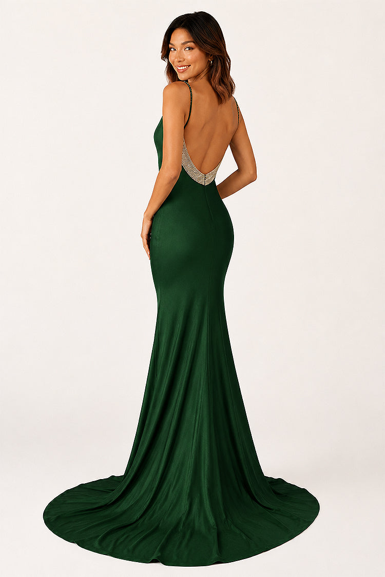 Navy Blue Beaded V-Neck Backless Mermaid Long Prom Dress
