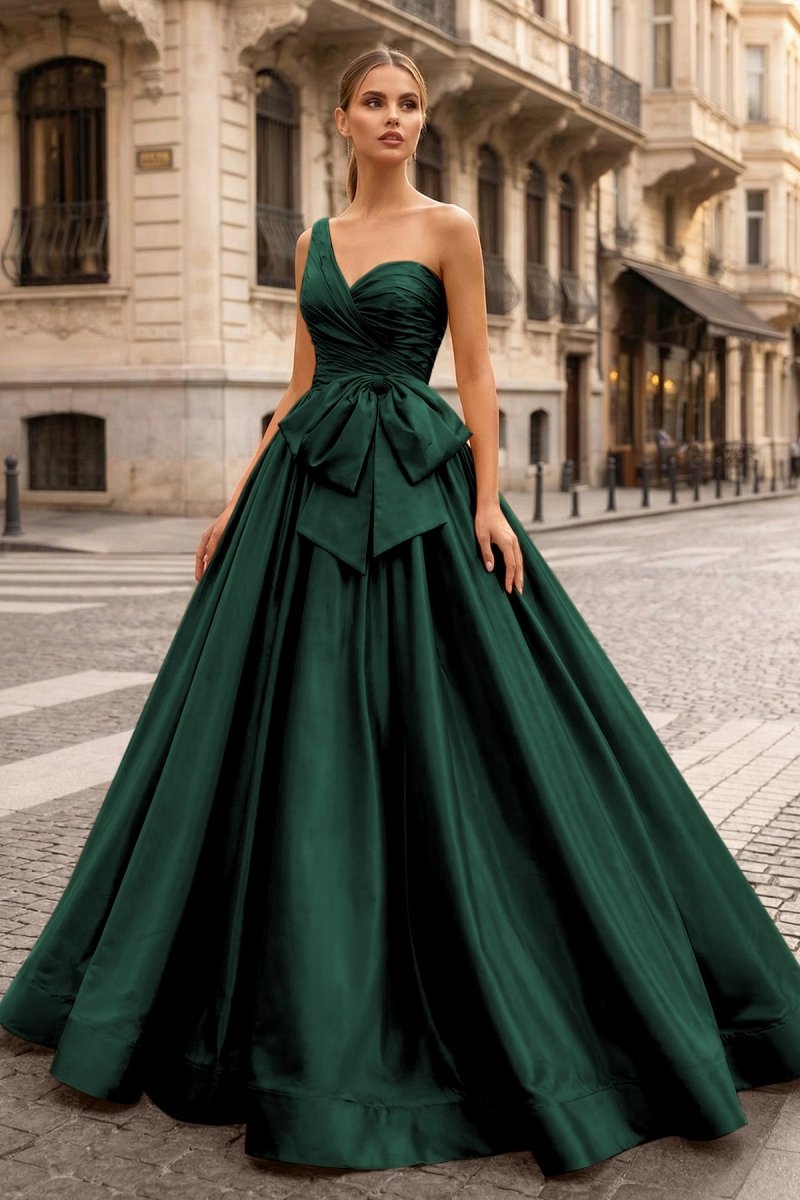 One Shoulder Satin A Line Prom Dress With Bow