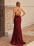 Mermaid Spaghetti Straps Satin Prom Dress with Slit