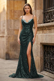 Black Spaghetti Straps Mermaid Sequined Long Prom Dresses With Slit