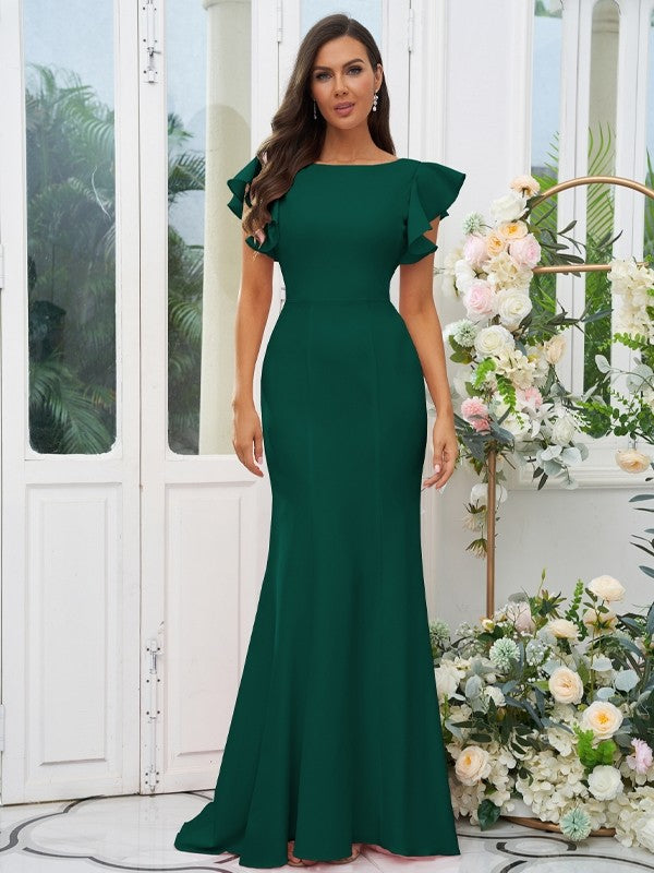 Sheath/Column Stretch Crepe Ruffles Scoop Short Sleeves Sweep/Brush Train Bridesmaid Dresses Evening Dress