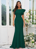 Sheath/Column Stretch Crepe Ruffles Scoop Short Sleeves Sweep/Brush Train Bridesmaid Dresses Evening Dress