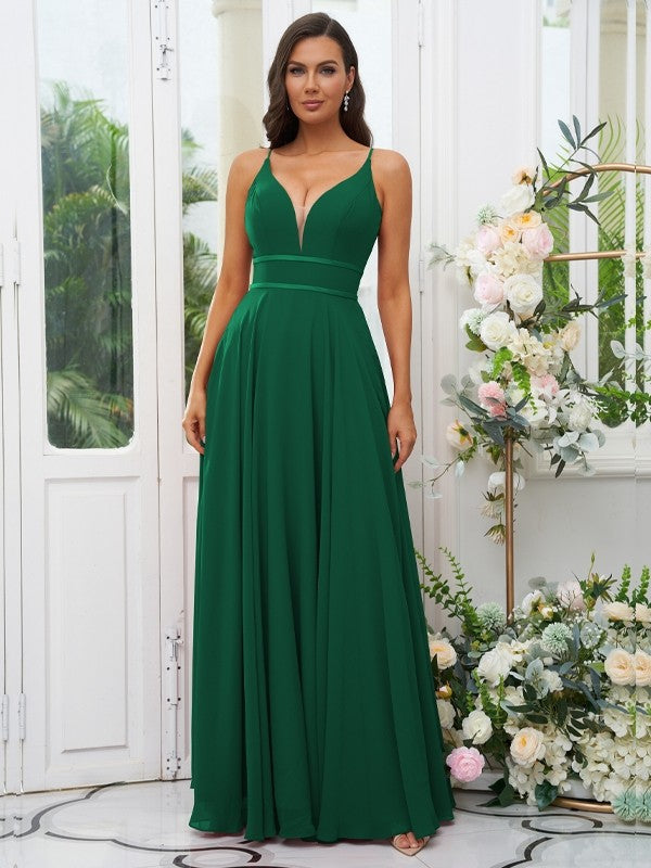 A-Line/Princess Chiffon Ruffles V-neck Sleeveless Floor-Length Bridesmaid Dresses Evening Prom Dress