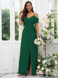 A-Line/Princess Chiffon Ruched V-neck Short Sleeves Floor-Length Bridesmaid Dresses Evening Dress