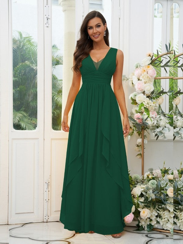 A-Line/Princess Chiffon Ruffles V-neck Sleeveless Floor-Length Bridesmaid Dresses Evening Prom Dress