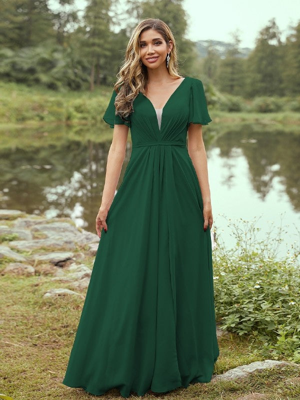 A-Line/Princess Chiffon Ruffles V-neck Short Sleeves Floor-Length Bridesmaid Dresses Evening Prom Dress