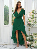 A-Line/Princess Chiffon Ruffles V-neck Short Sleeves Asymmetrical Bridesmaid Dresses Prom Dress