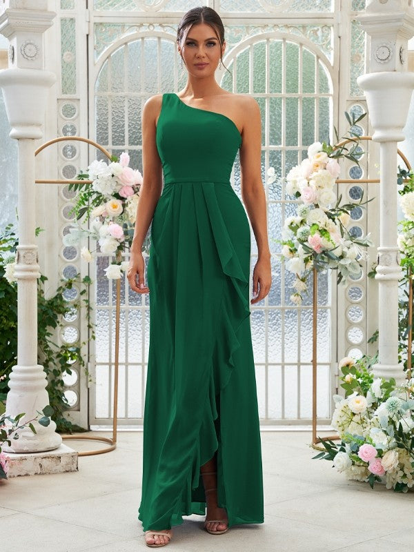 Sheath/Column Chiffon Ruffles One-Shoulder Sleeveless Floor-Length Bridesmaid Dresses Evening Prom Dress
