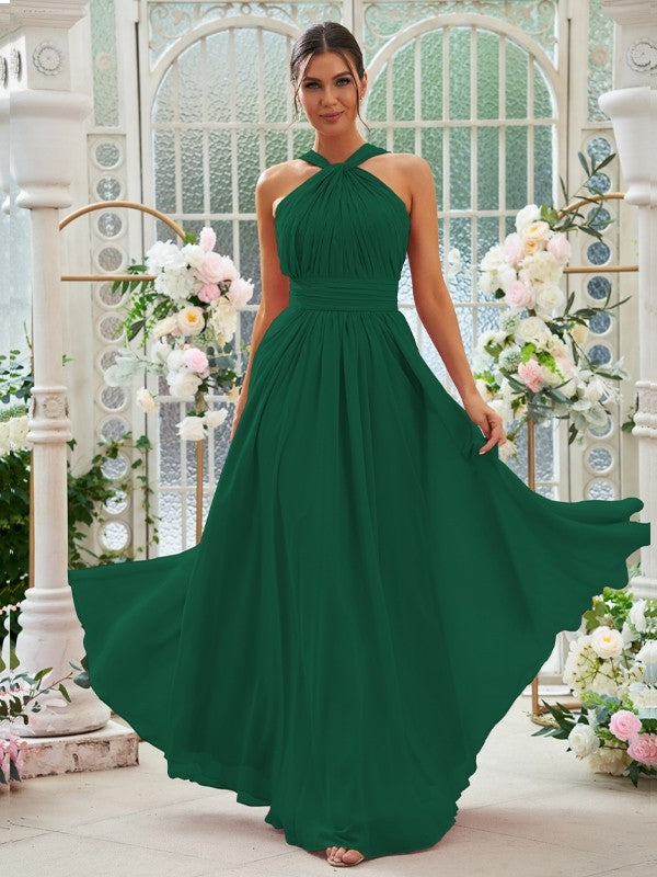 A-Linie/Princess-Linie Chiffon Rüschen Neckholder Ärmellos Bodenlang Brautjungfernkleider Abendkleid