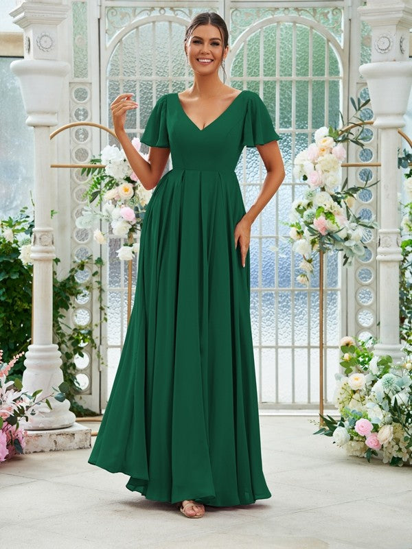 A-Line/Princess Chiffon Ruffles V-neck Short Sleeves Floor-Length Bridesmaid Dresses Evening Prom Dress