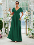 A-Line/Princess Chiffon Ruffles V-neck Short Sleeves Floor-Length Bridesmaid Dresses Evening Prom Dress
