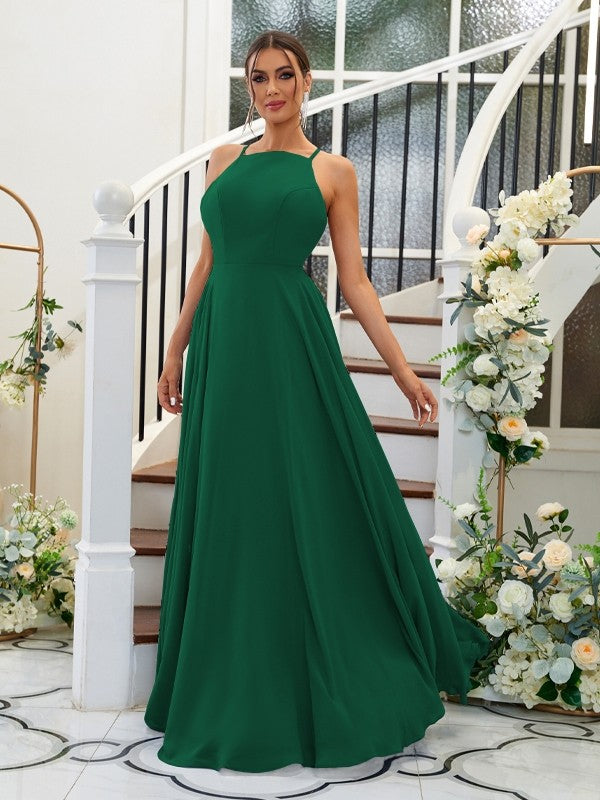 A-Linie/Princess-Linie Chiffon Rüschen Neckholder Ärmellos Bodenlang Brautjungfernkleider Abendkleid