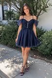 A-line V Neck Tulle Homecoming Dresses