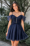 A-line V Neck Tulle Homecoming Dresses