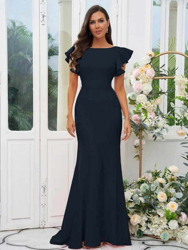 Sheath/Column Stretch Crepe Ruffles Scoop Short Sleeves Sweep/Brush Train Bridesmaid Dresses Evening Dress
