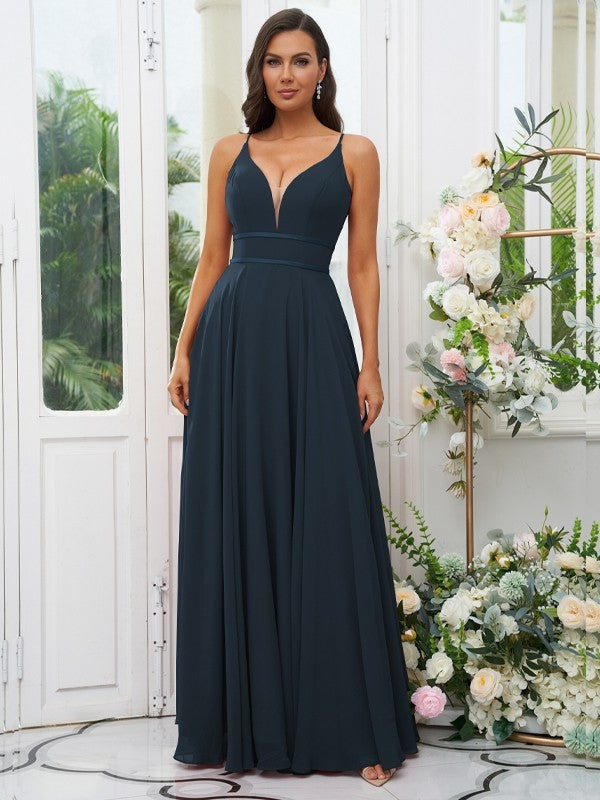 A-Line/Princess Chiffon Ruffles V-neck Sleeveless Floor-Length Bridesmaid Dresses Evening Prom Dress