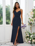 A-Line/Princess Stretch Crepe Ruched V-neck Sleeveless Floor-Length Bridesmaid Dresses Evening Dress