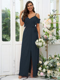 A-Line/Princess Chiffon Ruched V-neck Short Sleeves Floor-Length Bridesmaid Dresses Evening Dress