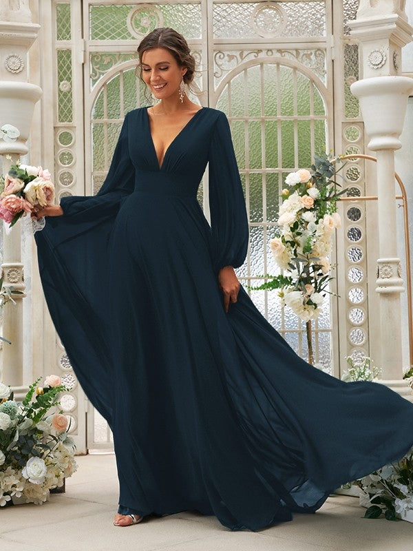 Vestido de dama de honor de corte A/princesa, de gasa, con volantes, escote en V, mangas largas y cola larga, vestido para madre de la novia