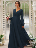 A-Line/Princess Chiffon Ruched V-neck Long Sleeves Floor-Length Bridesmaid Dresses Mother of the Bride Dress