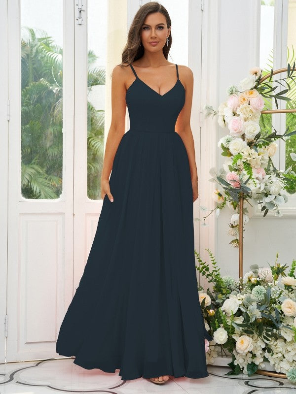 A-Line/Princess Chiffon Ruffles V-neck Sleeveless Floor-Length Bridesmaid Dresses Evening Dress