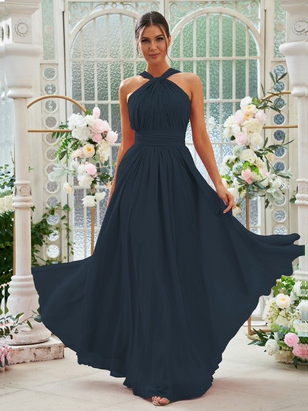 A-Linie/Princess-Linie Chiffon Rüschen Neckholder Ärmellos Bodenlang Brautjungfernkleider Abendkleid