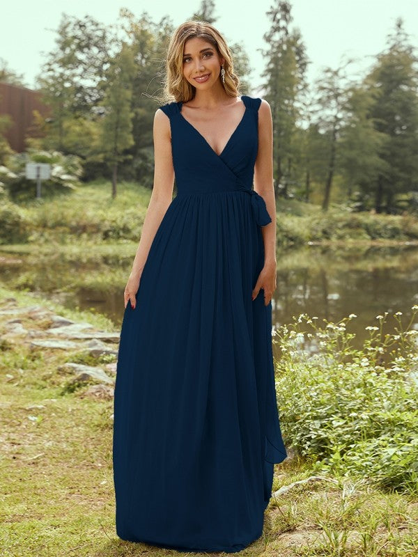 A-Line/Princess Chiffon Ruffles V-neck Sleeveless Floor-Length Bridesmaid Dresses Evening Prom Dress