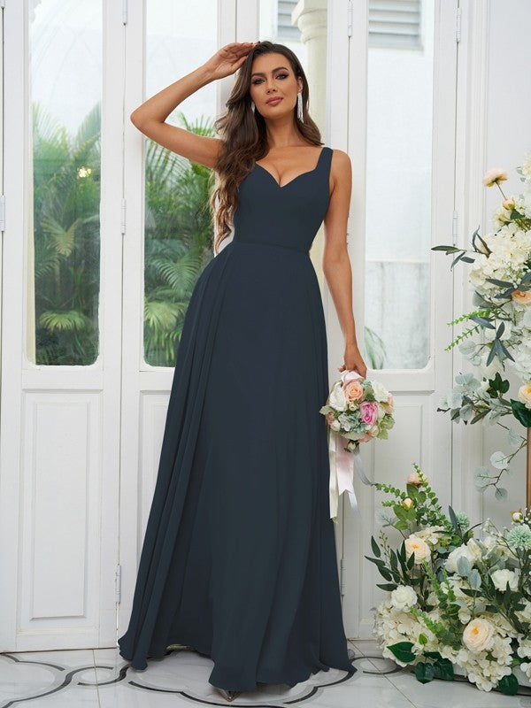 A-Line/Princess Chiffon Ruffles V-neck Sleeveless Floor-Length Bridesmaid Dresses Evening Dress