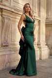 Coral Pink Mermaid V Neck Satin Open Back Long Prom Dresses With Bow