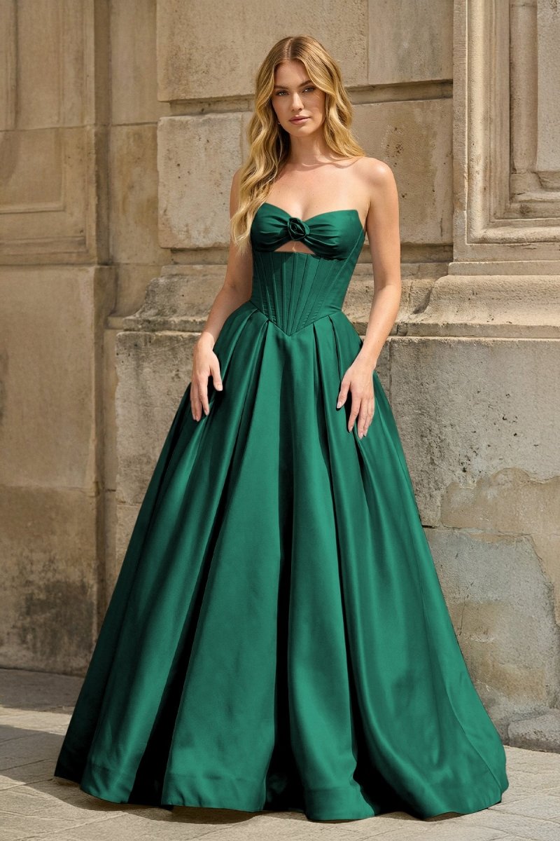 Pink Strapless A Line Pleated Satin Long Prom Dresses With Flower