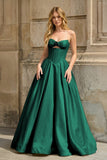 Pink Strapless A Line Pleated Satin Long Prom Dresses With Flower