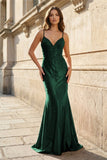 Red Spaghetti Straps Mermaid Satin Beaded Long Prom Dresses With Appliques