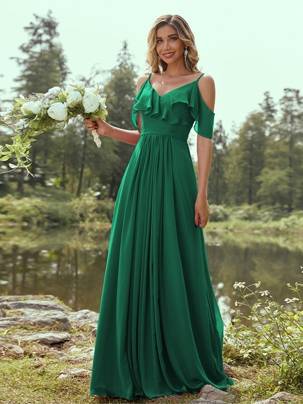 A-Line/Princess Chiffon Ruffles V-neck Sleeveless Floor-Length Bridesmaid Dresses Evening Prom Dress