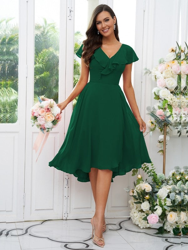Vestido de dama de honor asimétrico de corte A/princesa, de gasa, con volantes, escote en V y mangas cortas, ideal para invitadas de boda y graduación.
